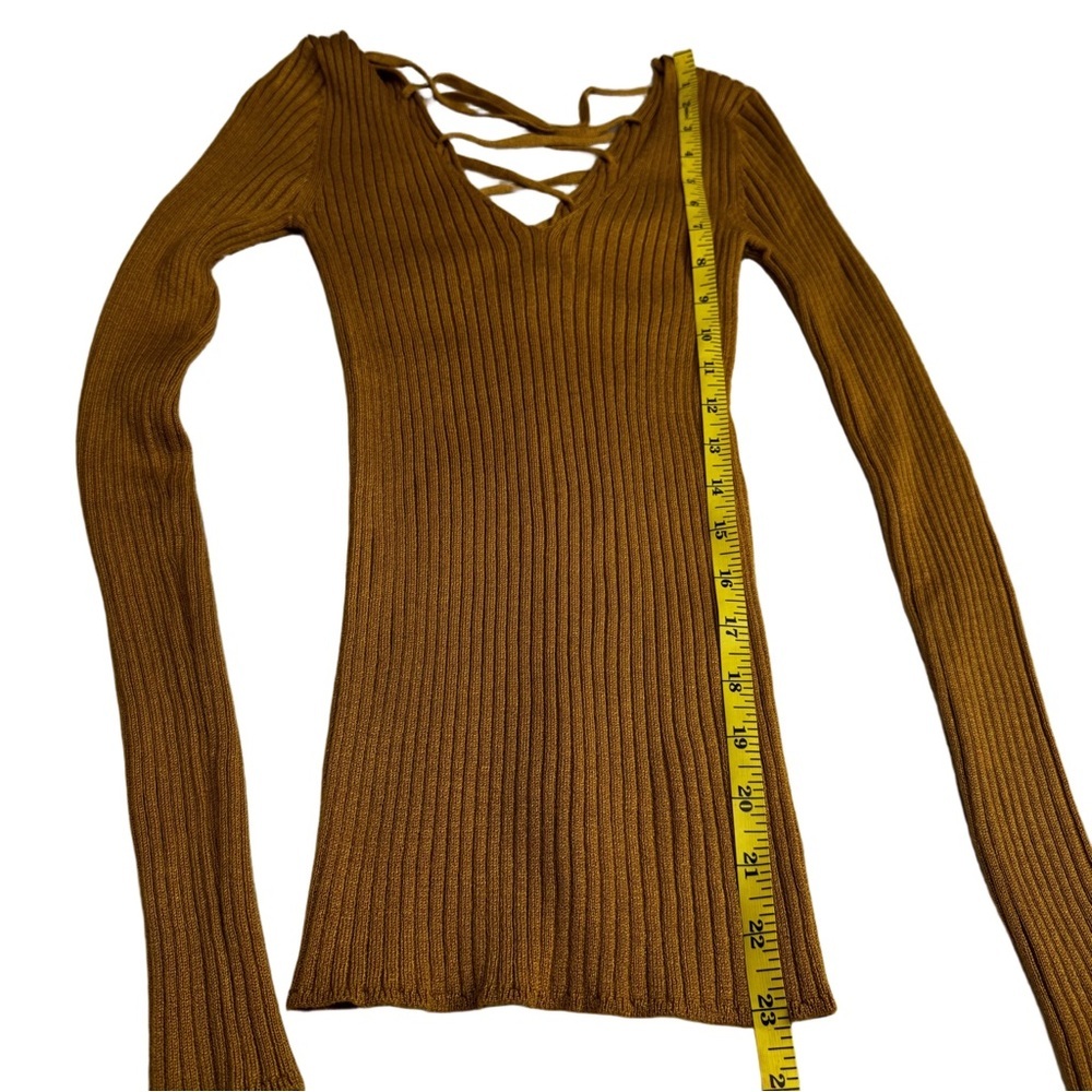 Ambiance Apparel Gold Ribbed Sweater Size Small Features A Lace Up Back NWT - Picture 6 of 9
